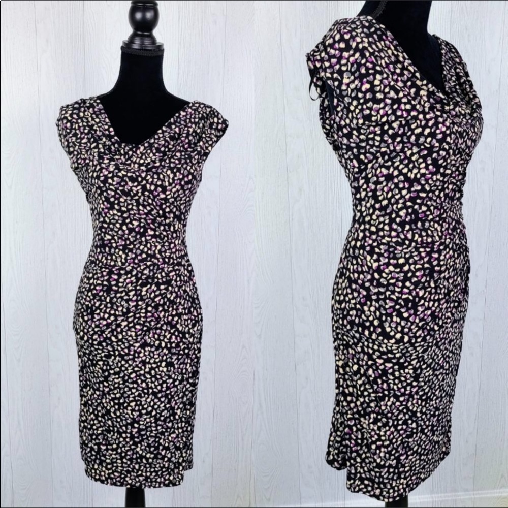 Ralph Lauren Size 8 Black Purple Pink Faux-Wrap Cowl Neck Dress.